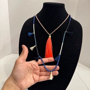 Lot of 2 J CREW Beaded Tassel Pendant Necklace Thread Orange Deep Blue Jewelry